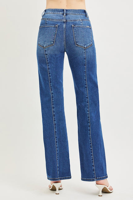 High Rise Straight Patch Pocket Seamed Jeans, dark-Back