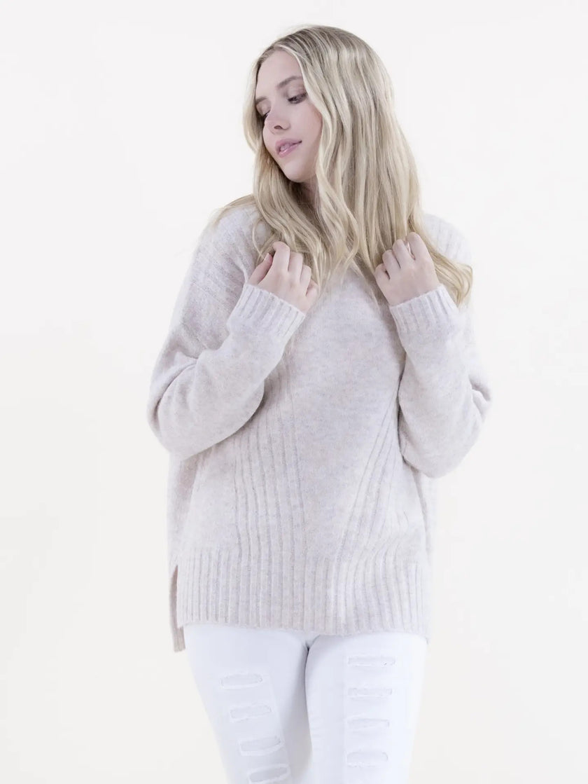 Crewneck Sweater Ribbed Front Detail-Beige