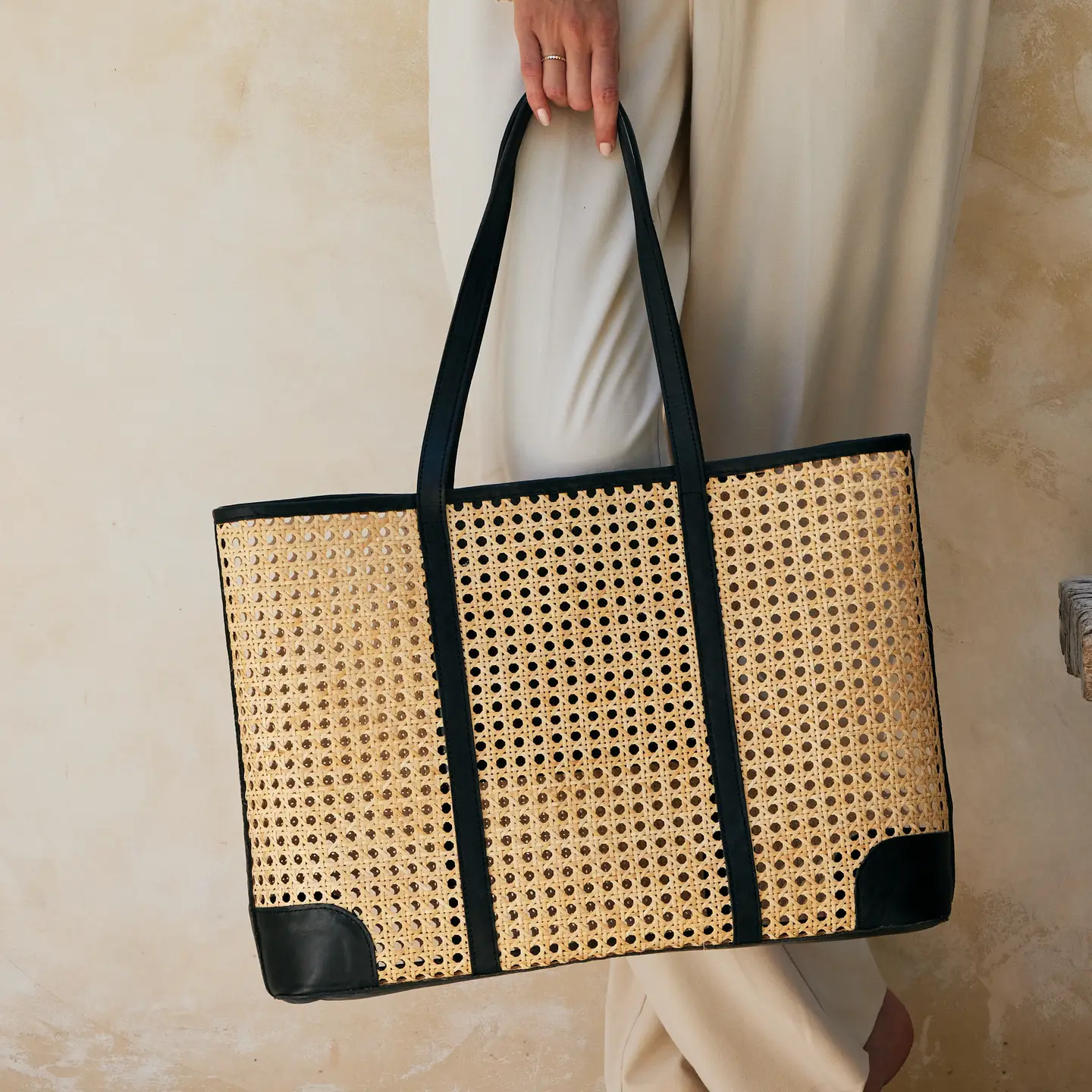 Large Rattan Cane Weave Tote Bag with Black Leather Trim