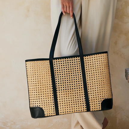 Large Rattan Cane Weave Tote Bag with Black Leather Trim
