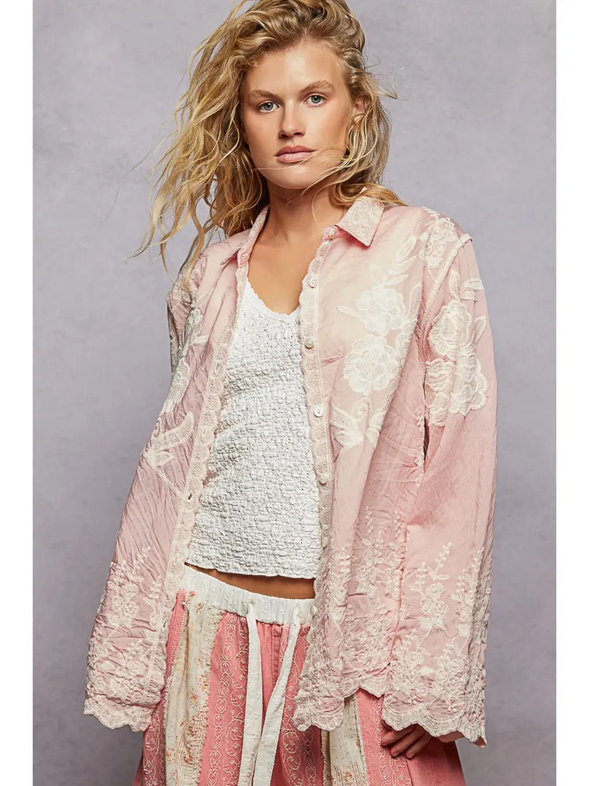 Maranda LS Embroidered Scalloped Top