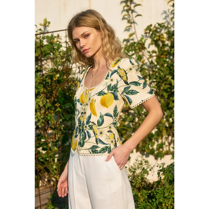 Vintage Lemonade Tulip Lace Trim Button Down Top