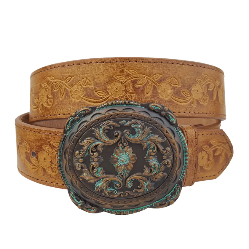 Western Brass Buckle W Vintage Floral Tooled Belt -Tan