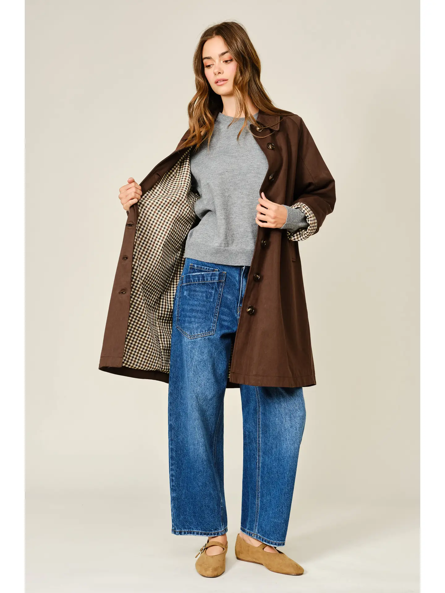 Checked Inside Midi Trench Coat