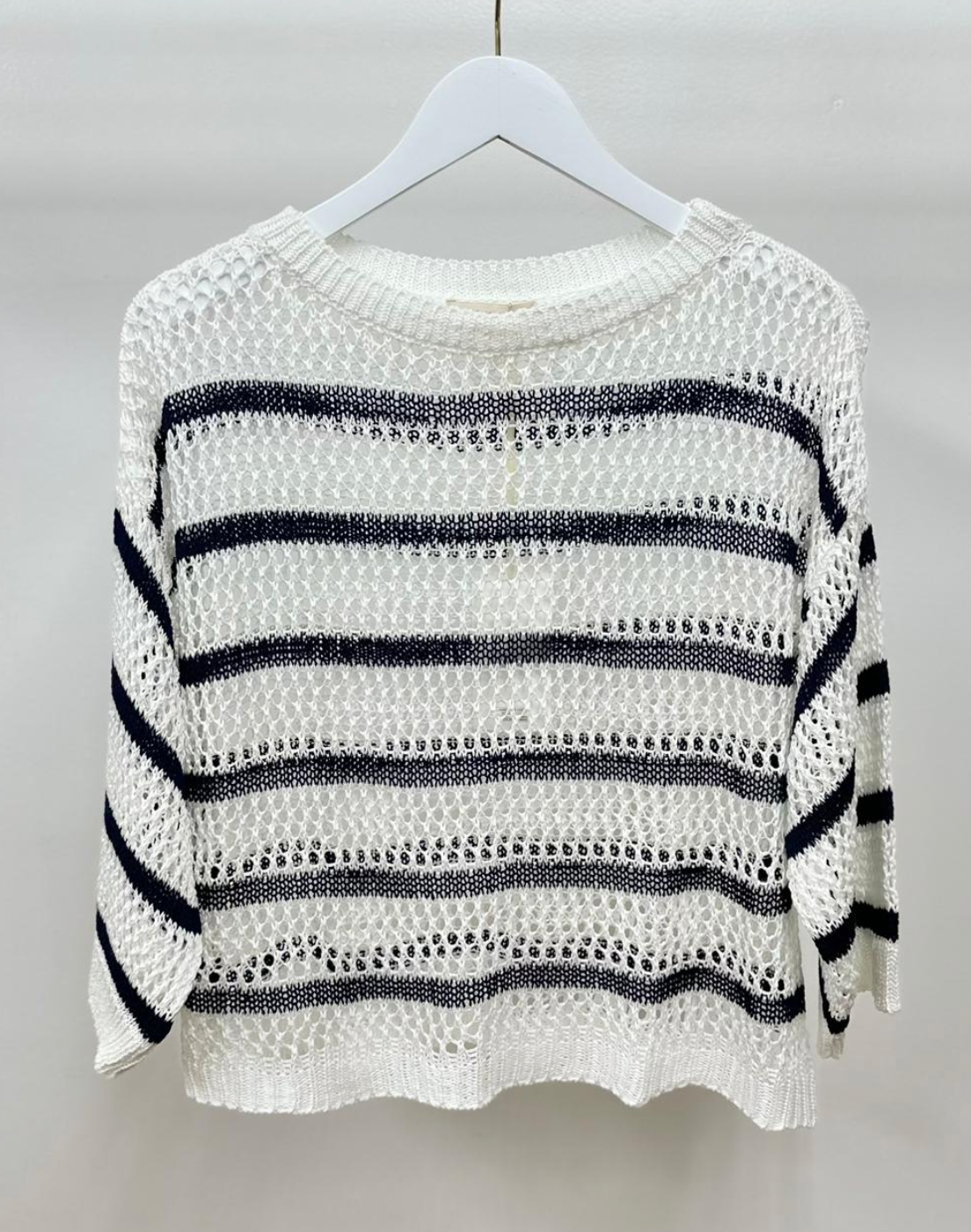 Stripe Crochet Crew Neck Knit Top