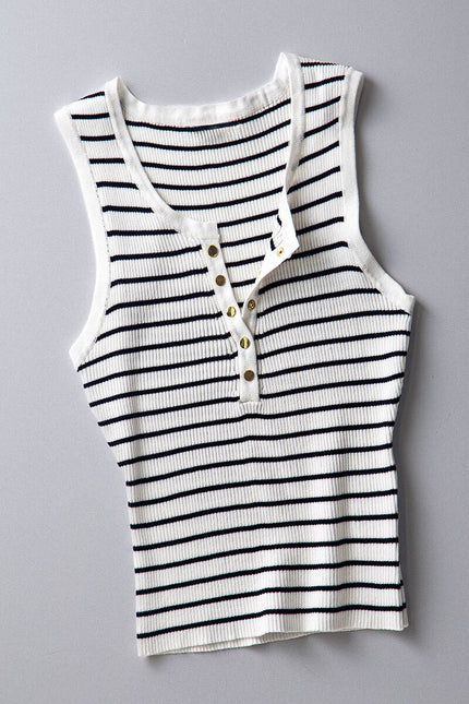 Summer Stripe Sleeveless Cropped Henley Tank white
