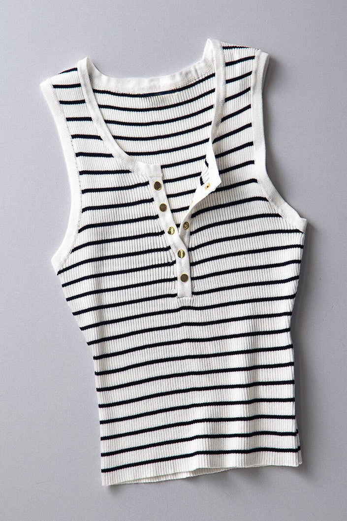 Summer Stripe Sleeveless Cropped Henley Tank white