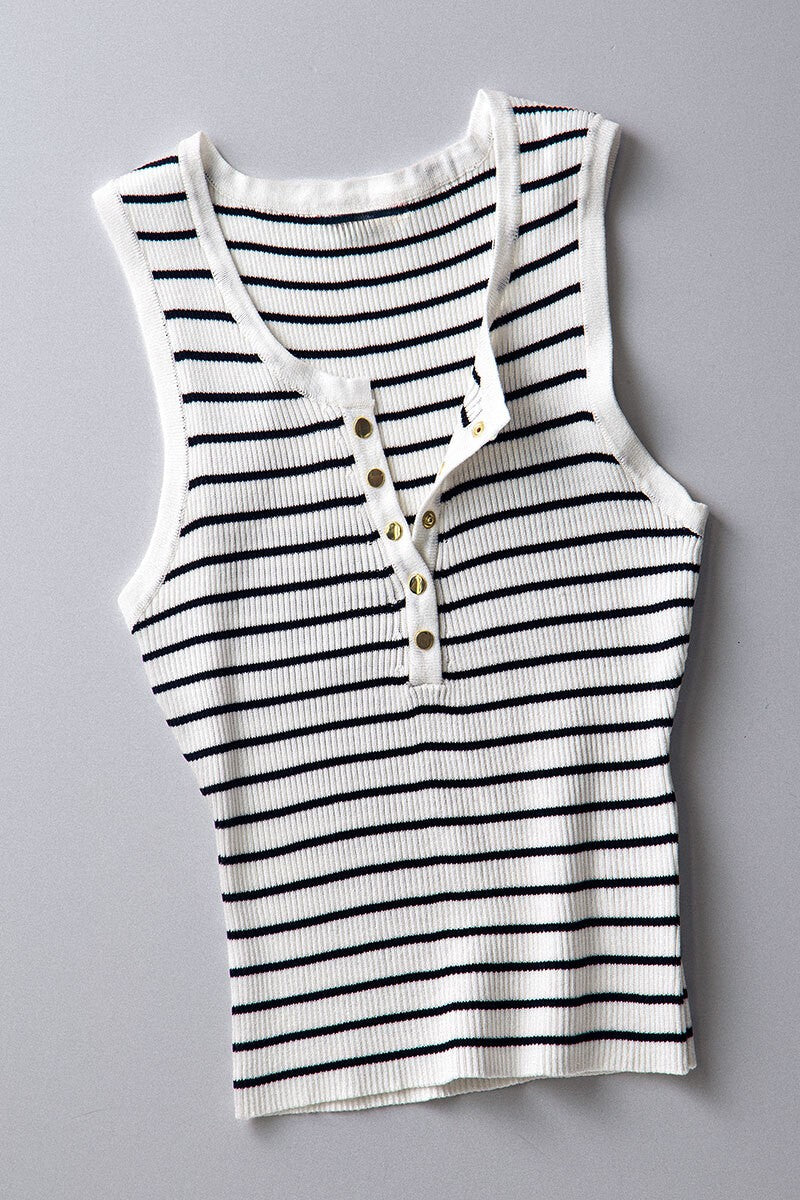 Summer Stripe Sleeveless Cropped Henley Tank white
