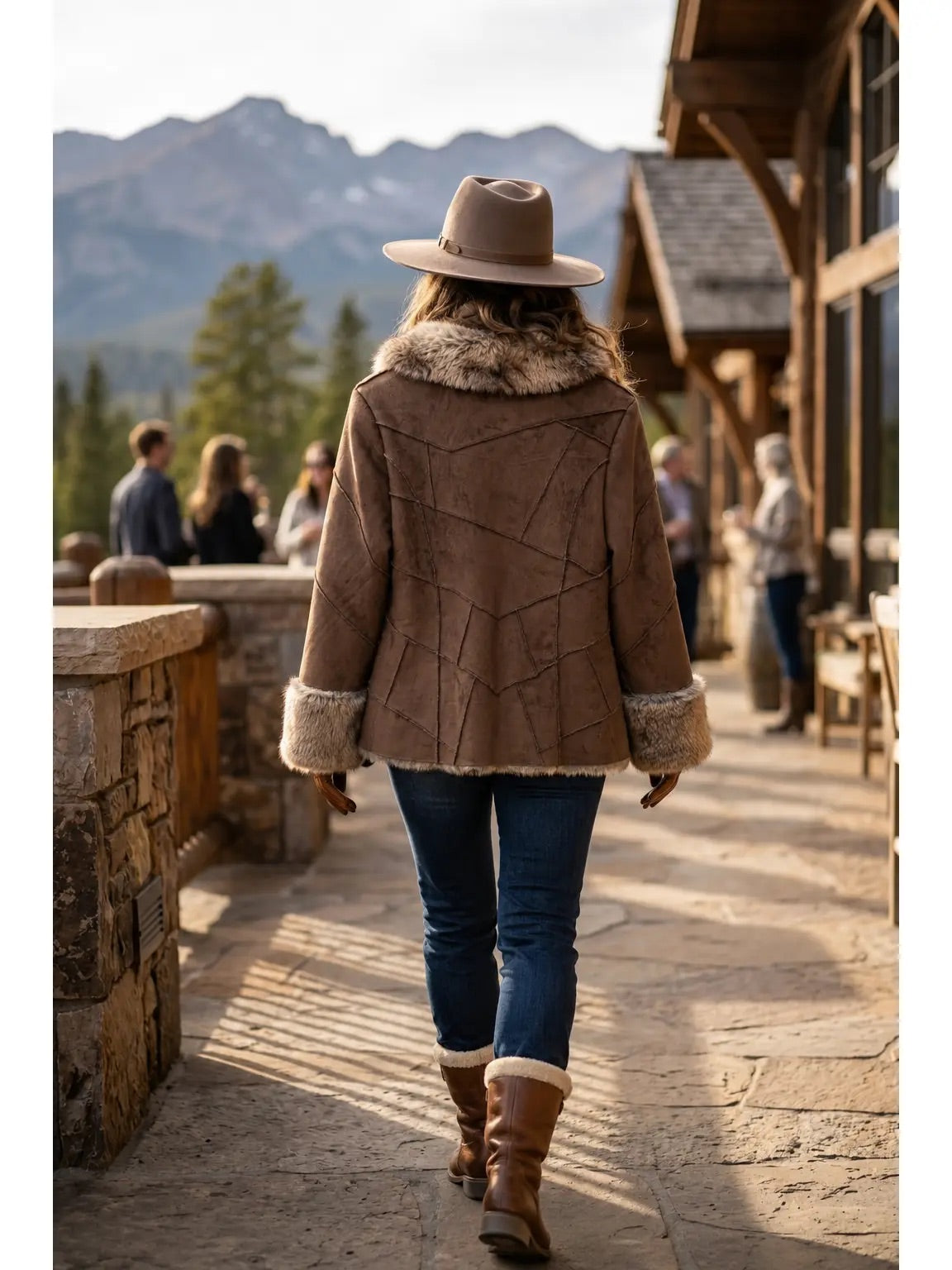 Fashion Poly Suede Jacket w Faux Fur, brown-back