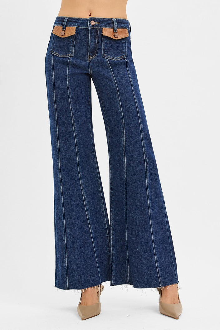 High Rise-Wide Flare-Front Leather Pocket Detail Jeans front