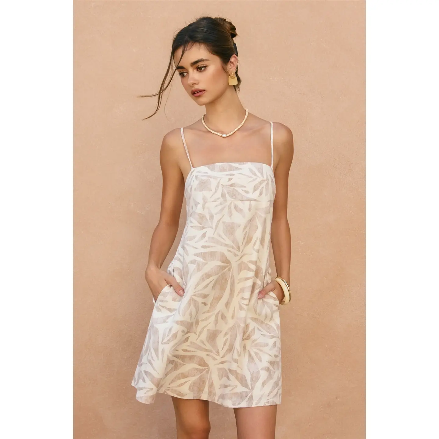 Driftwood Dreams Babydoll A Line Mini Dress, tropical leaf print-front