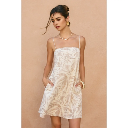 Driftwood Dreams Babydoll A Line Mini Dress, tropical leaf print-front