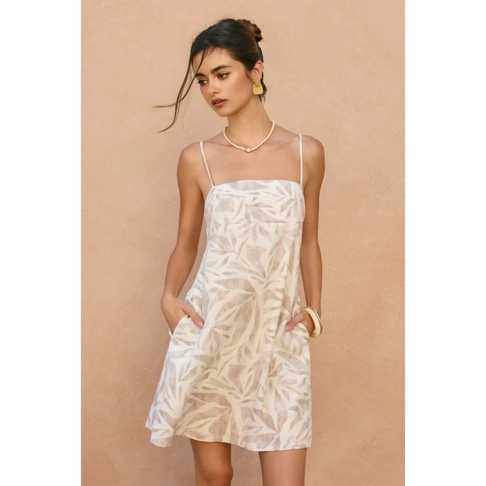 Driftwood Dreams Babydoll A Line Mini Dress, tropical leaf print-front