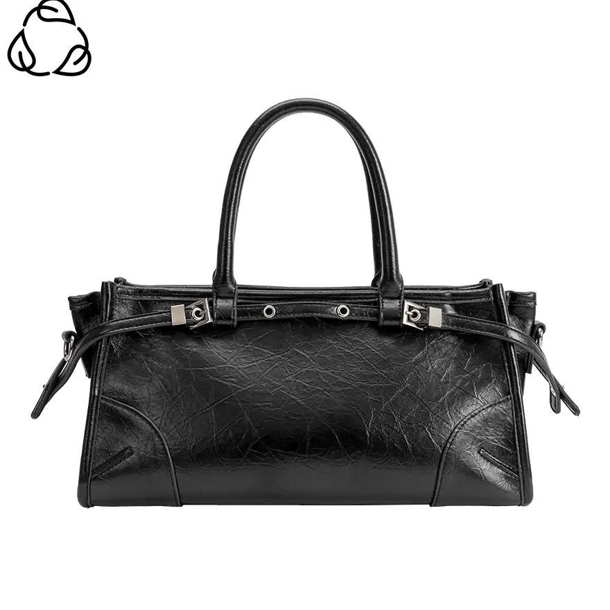 Rhonda Recycled Vegan Top Leather Handle Bag, black-front
