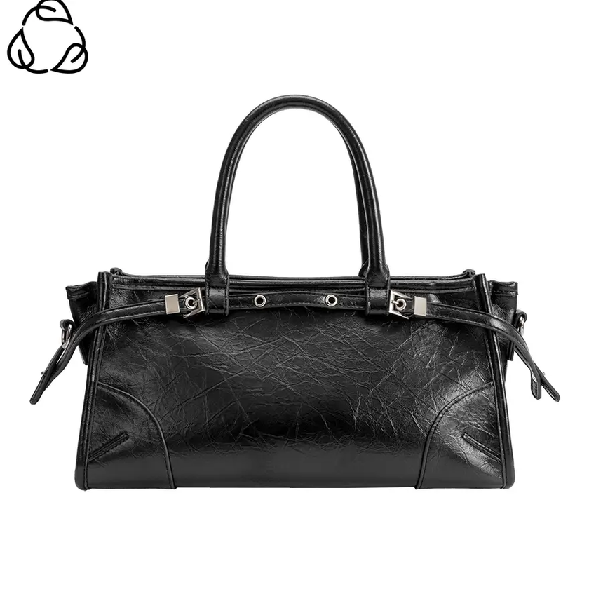 Rhonda Recycled Vegan Top Leather Handle Bag, black-front