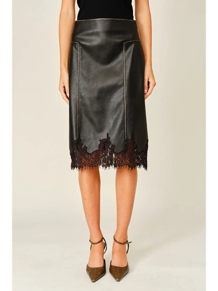 Cora Lace Hem Vintage Leather Skirt, dark brown-front