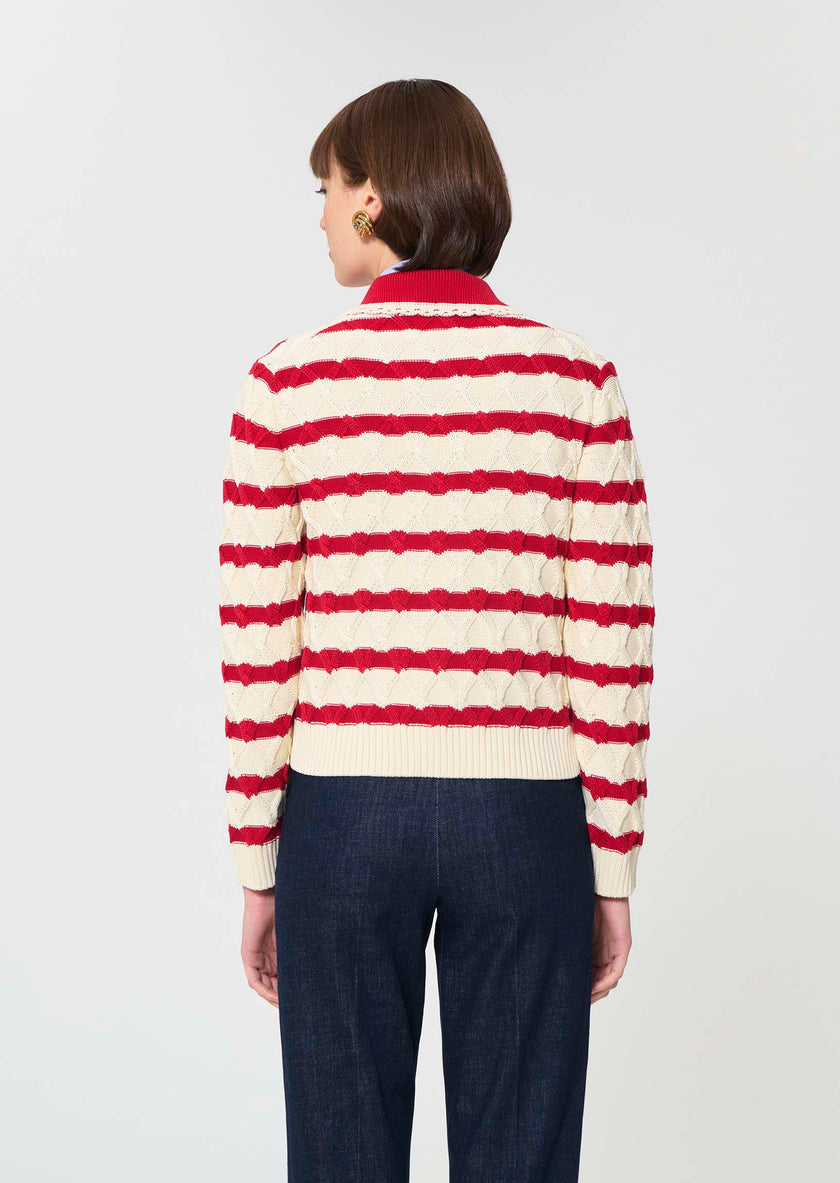 Paolina sweater red striped cotton, cherry red stripe-back