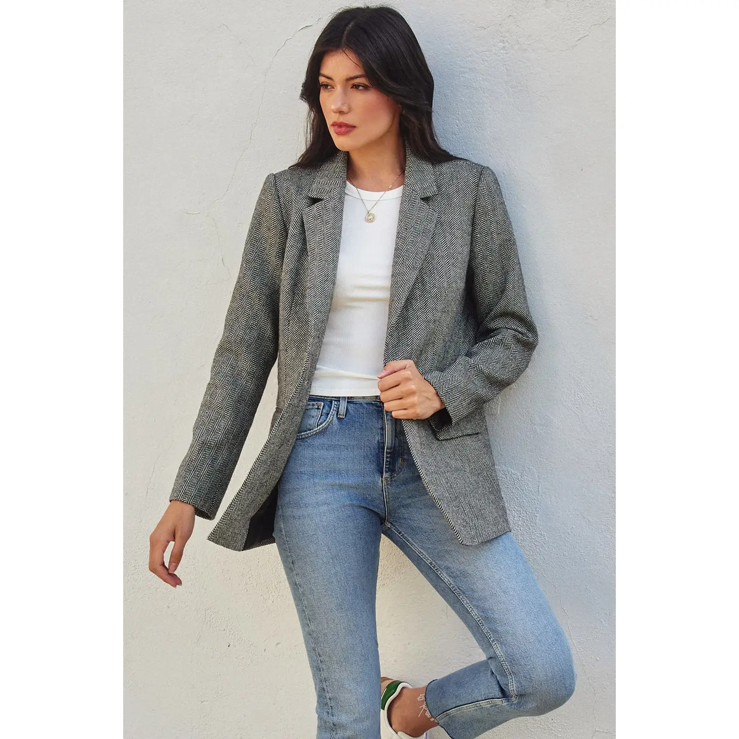 Chevron Relaxed One Button Blazer grey front