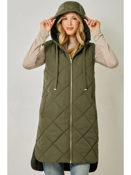 Yvonne Puffer  Quilted Long Hoodie Vest, olive-front