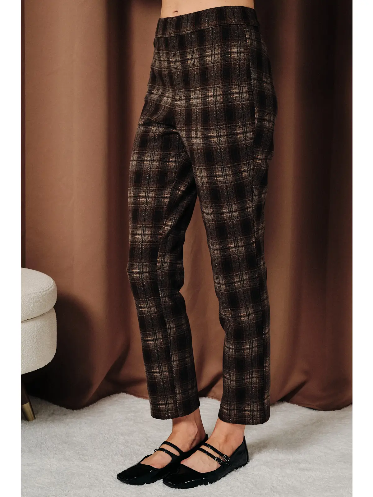 Mid Waist Plaid Stretch Woven Flare Cropped Pants, brown/rust plaid-side