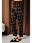 Mid Waist Plaid Stretch Woven Flare Cropped Pants, brown/rust plaid-side