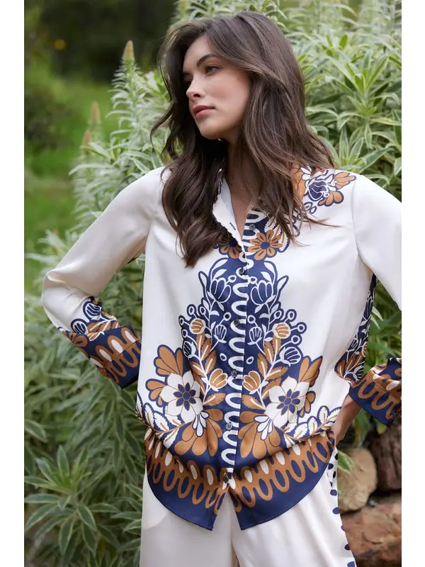 Printed Border LS Button Down Blouse, mustard/navy-front