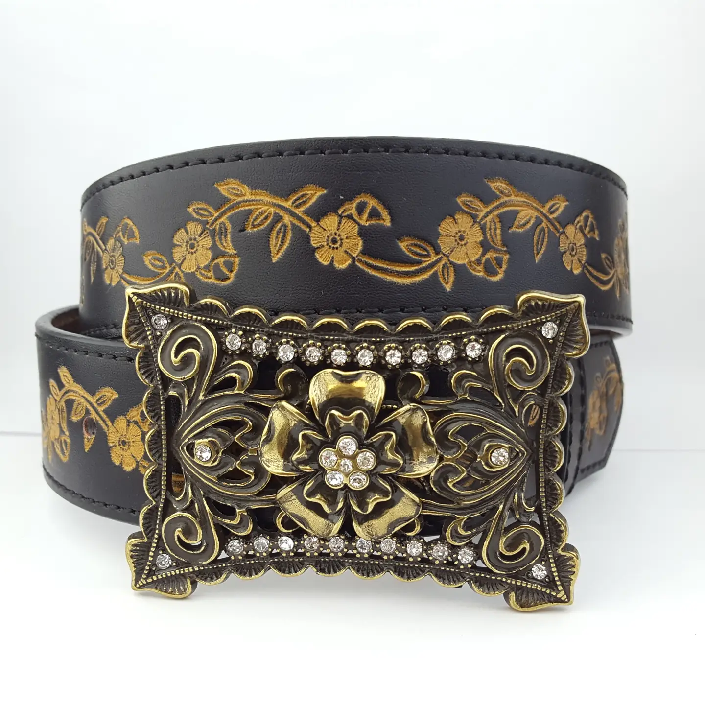 Vintage Brass Flower Buckle Matched Floral Tooled Belt