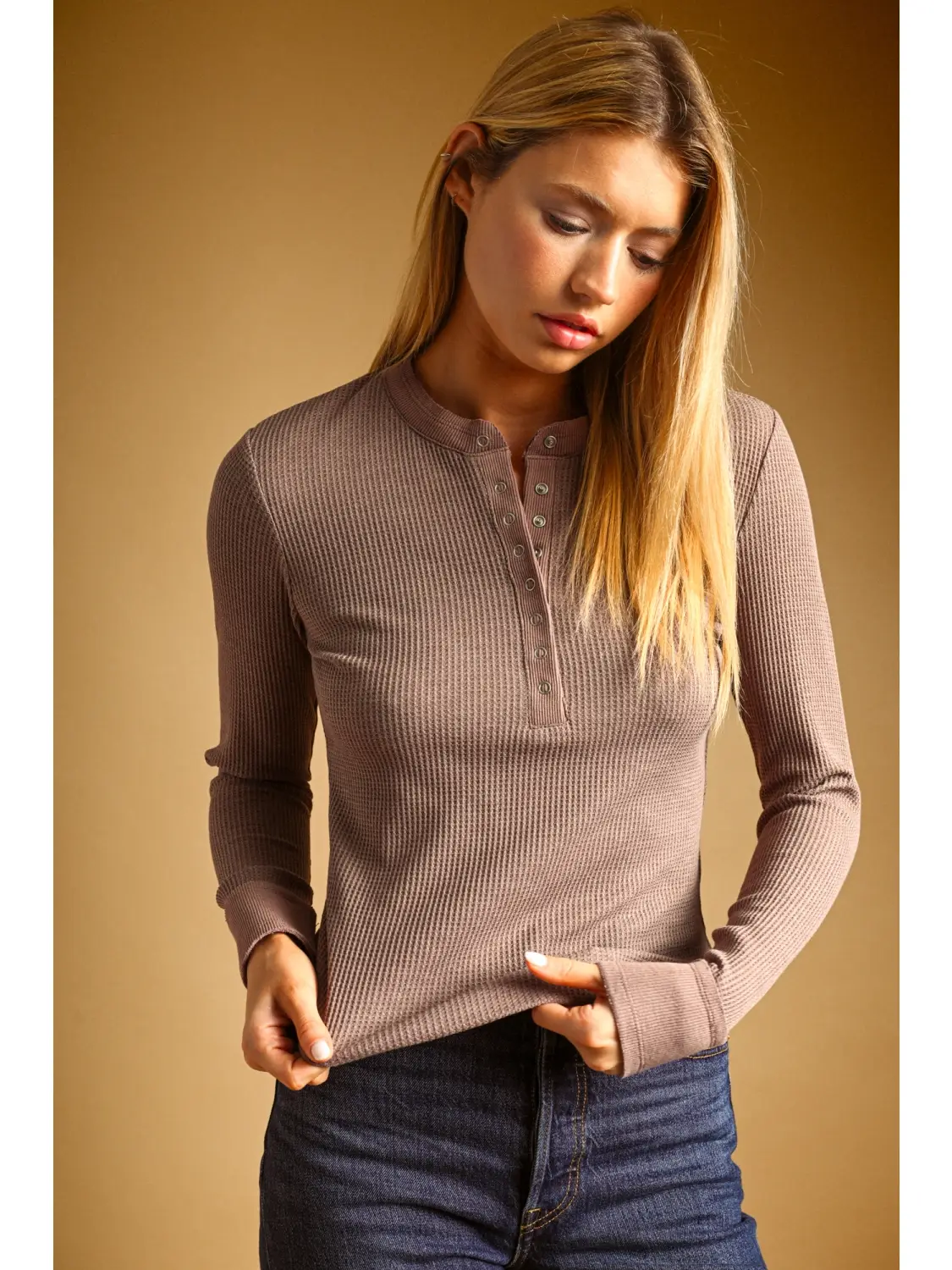 Half Snap Button Waffle Fabric Long Sleeve Top, chocolate-front