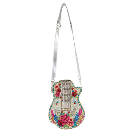 Metallic Melody Flower and Wings Guitar Crossbody Handbag front with strap