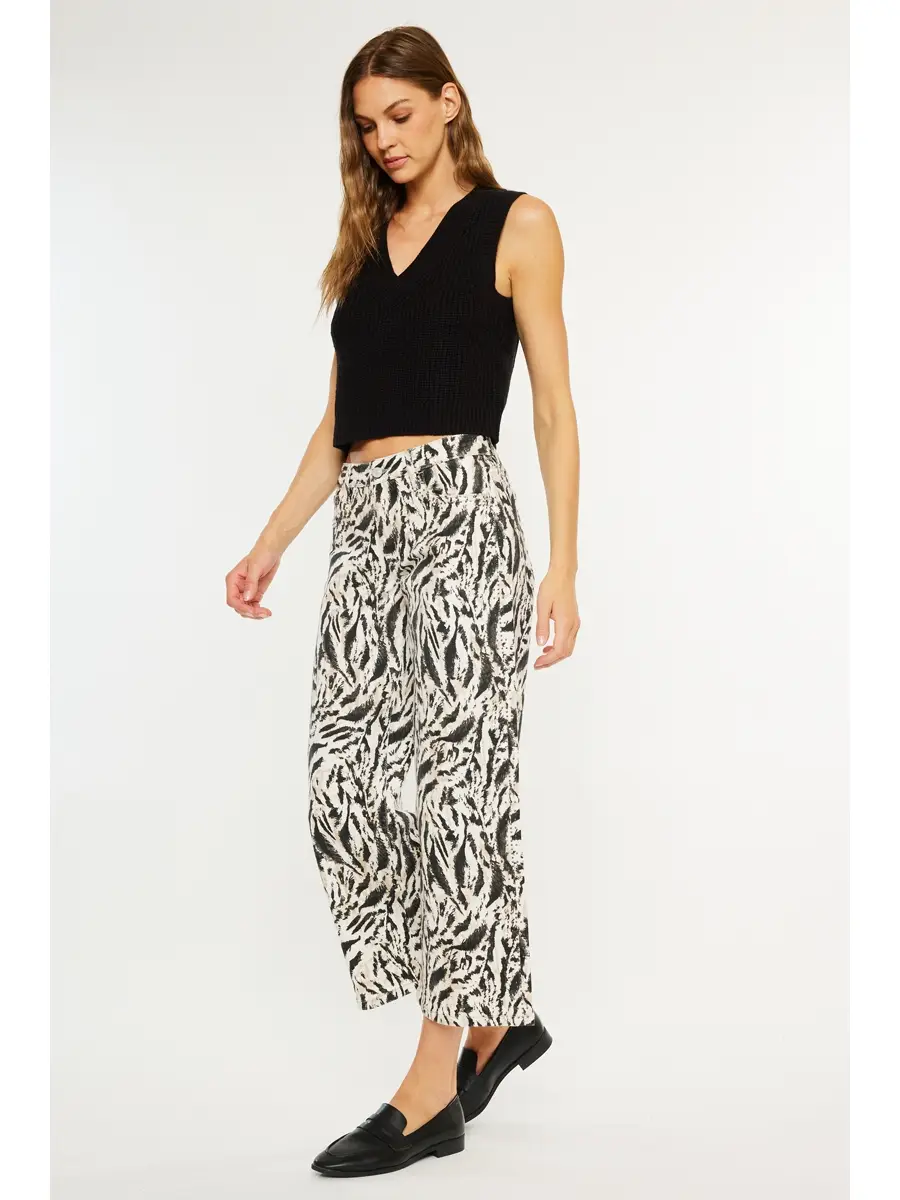 MID RISE PRINTED CROP WIDE LEG JEANS beige side