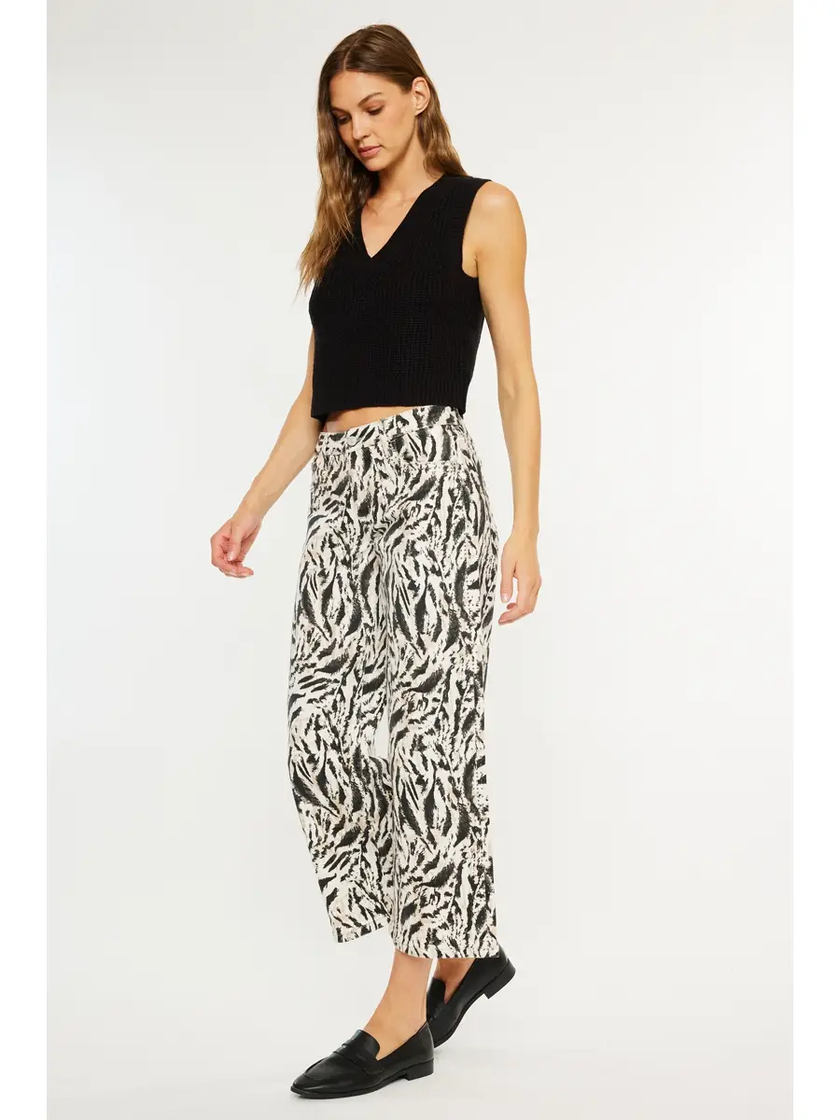 MID RISE PRINTED CROP WIDE LEG JEANS beige side