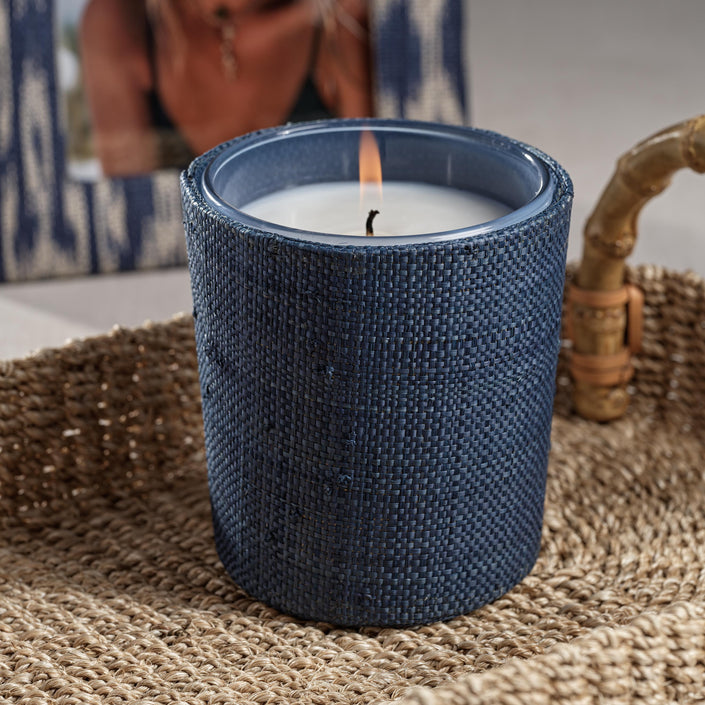 Sunset Beach Scented Candle In Natural Blue Raffia Basket