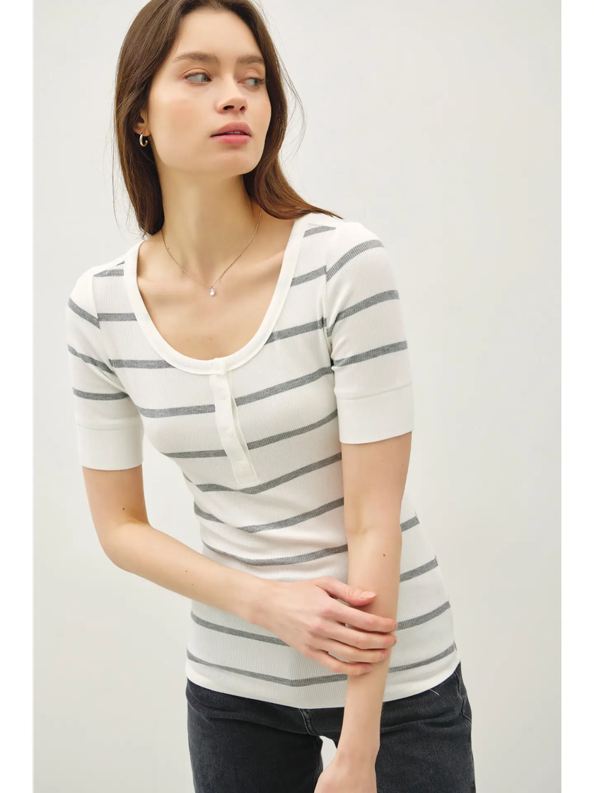 Classic Ribbed Striped Scoop Neck tee heather grey front