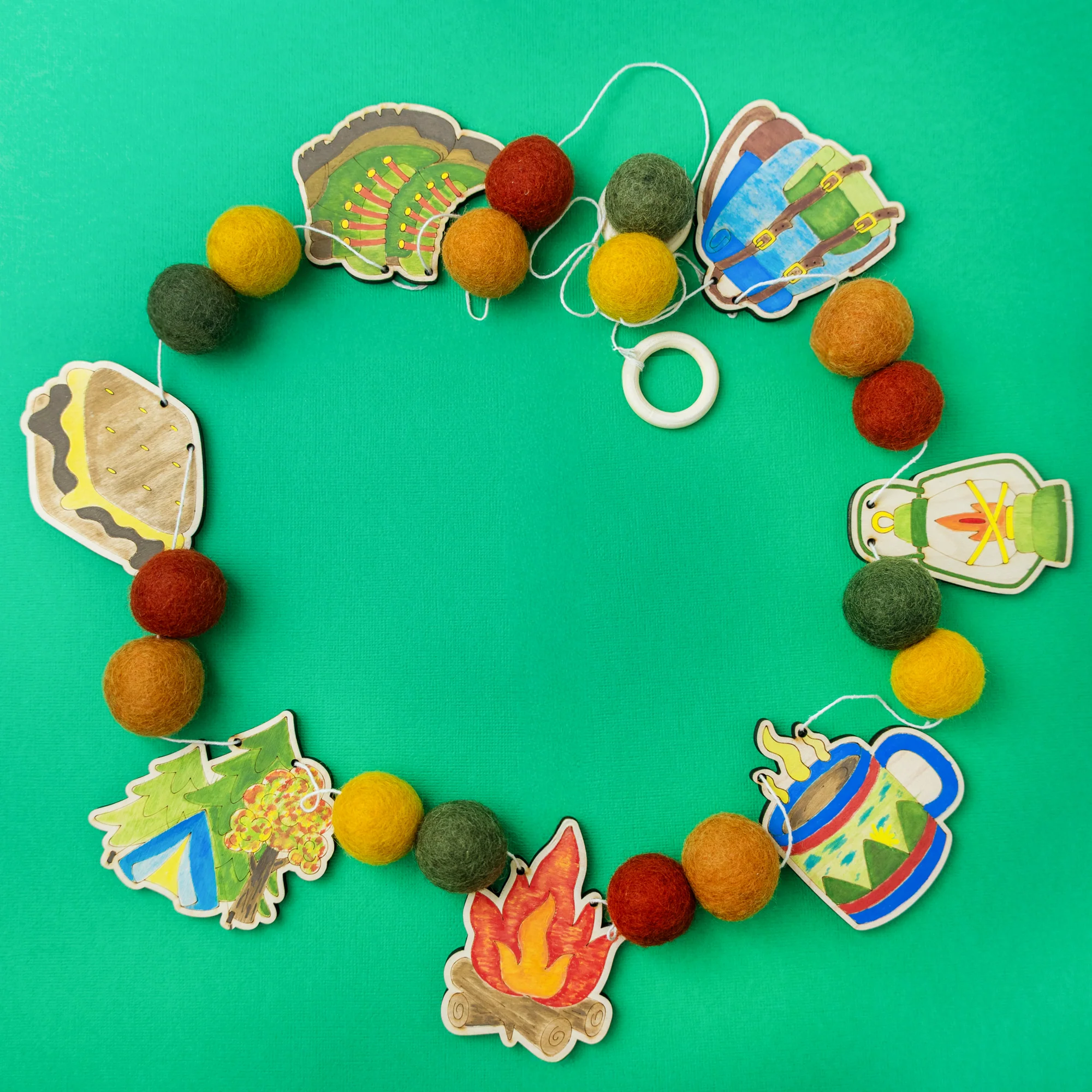 Do It Yourself Wood Garland camping colored in