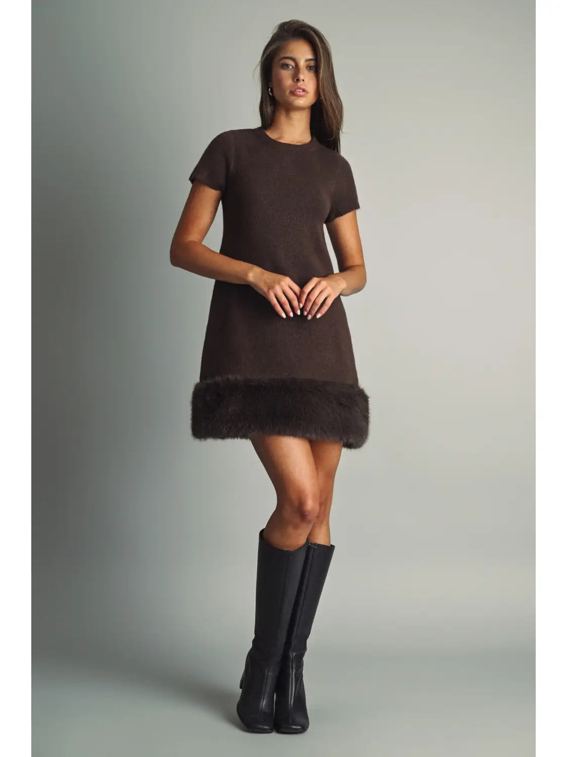 Cozy Faux Fur Mini Dress, brown-front