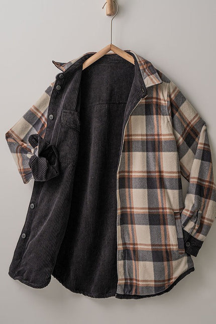 Corduroy and Plaid Flannel Shacket black