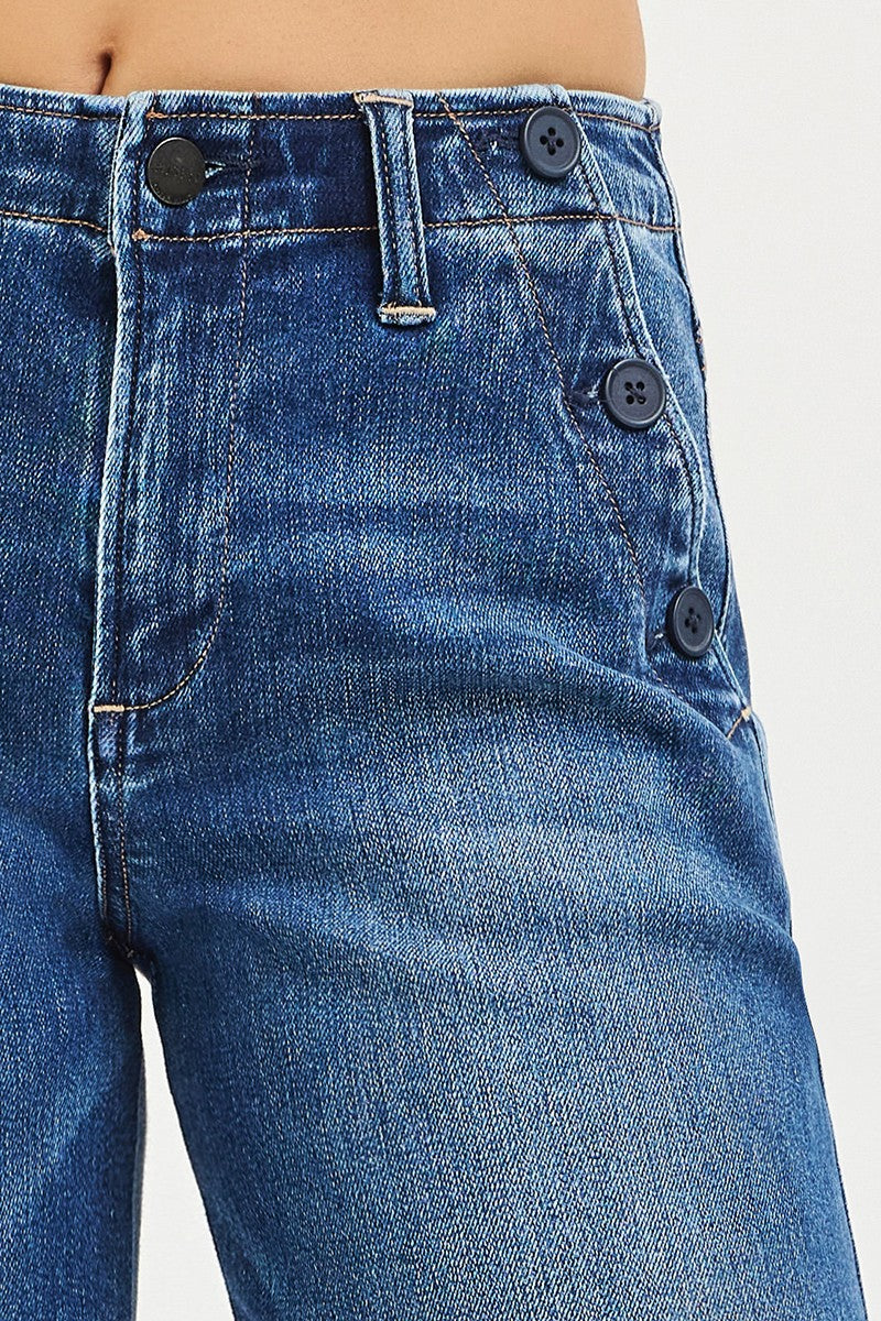 High Rise Wide Leg Pocket Button Detail - Strechy