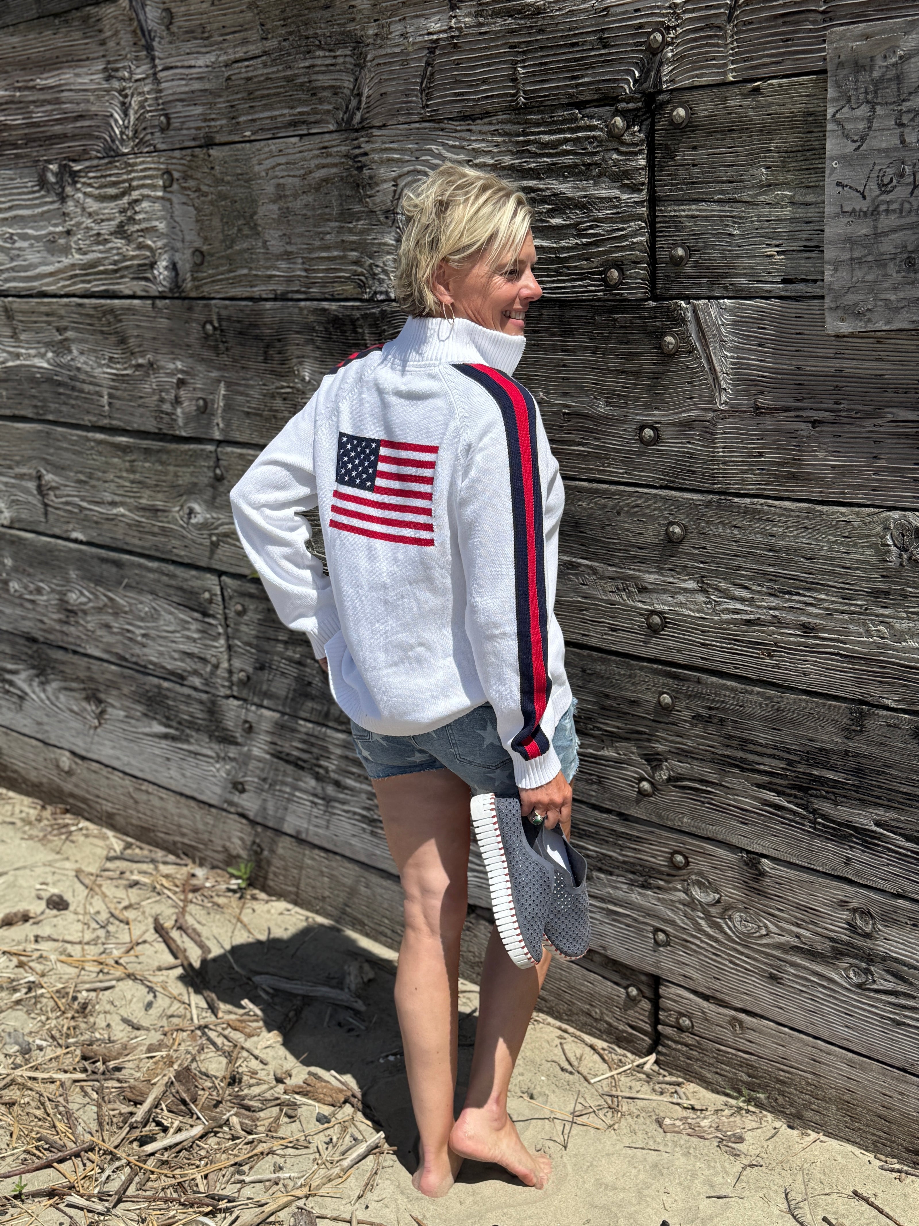 All American Side Stripe American Flag Sweater back White