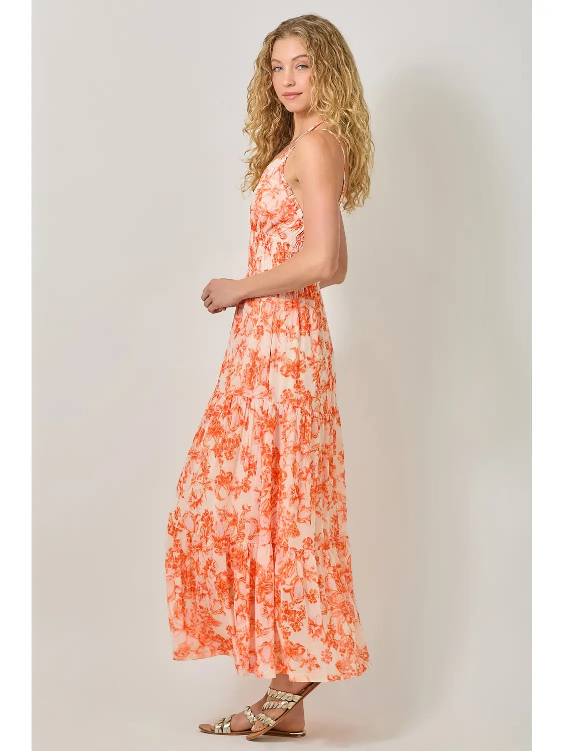 Printed Mesh Long Tiered Dress