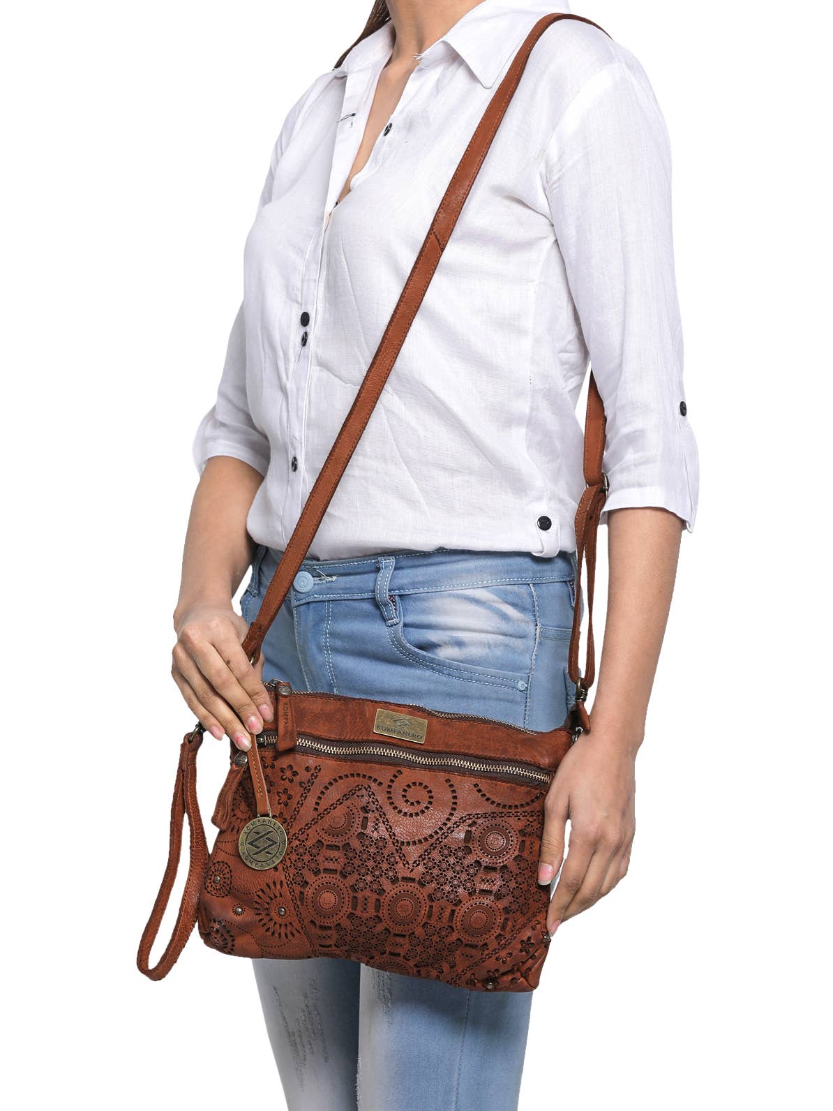 Genuine Leather Floral Design Handbag w/Sling - Kim - Cognac Model