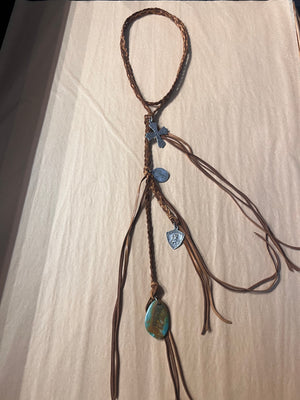 Long Leather Braided Necklace With Charms
