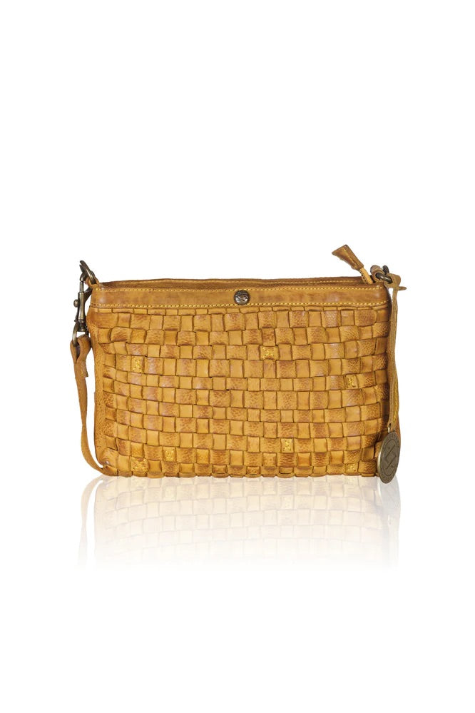 Genuine Woven Sling Leather Handbag - Mustard front