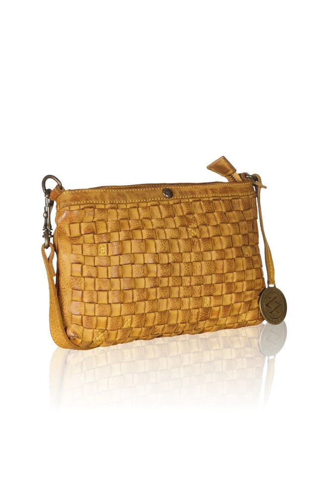Genuine Woven Sling Leather Handbag - Mustard side