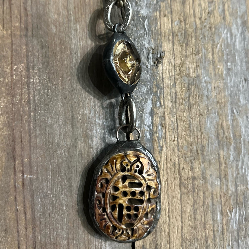 Paula Carvalho Long Beaded Hemp Necklace Carved Wooden Charm - (34