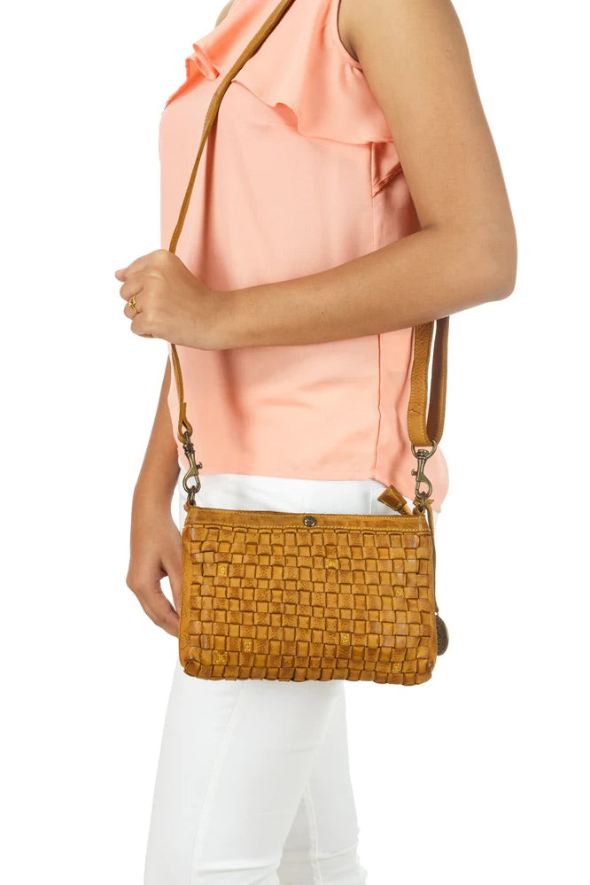 Genuine Woven Sling Leather Handbag - Mustard Model
