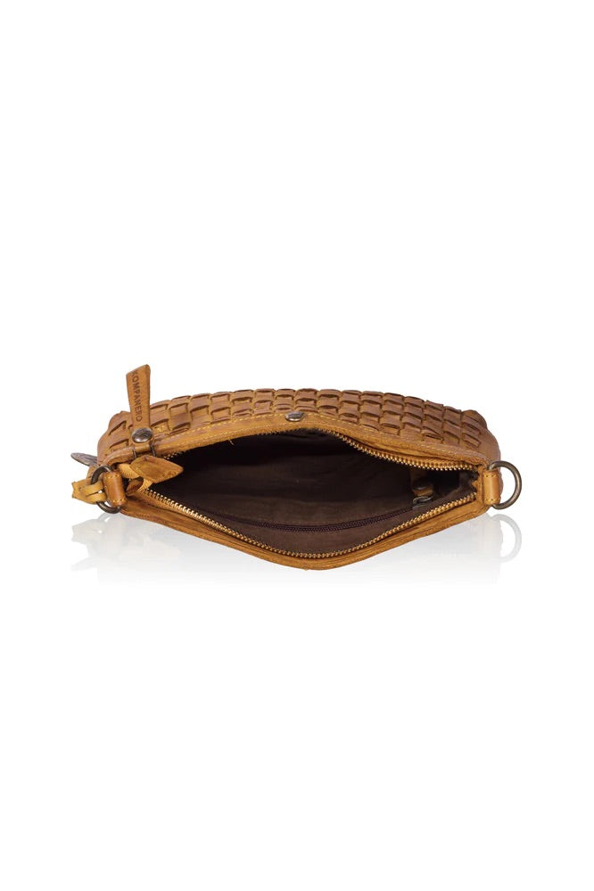Genuine Woven Sling Leather Handbag - Mustard Open