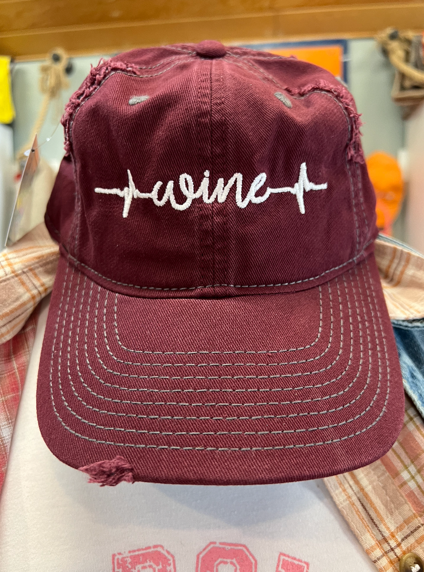 Wine Heartbeat Distressed Baseball Cap - Maroon front