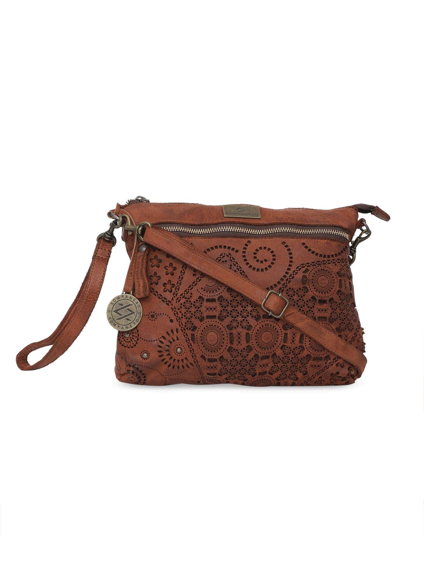 Genuine Leather Floral Design Handbag w/Sling - Kim - Cognac Front
