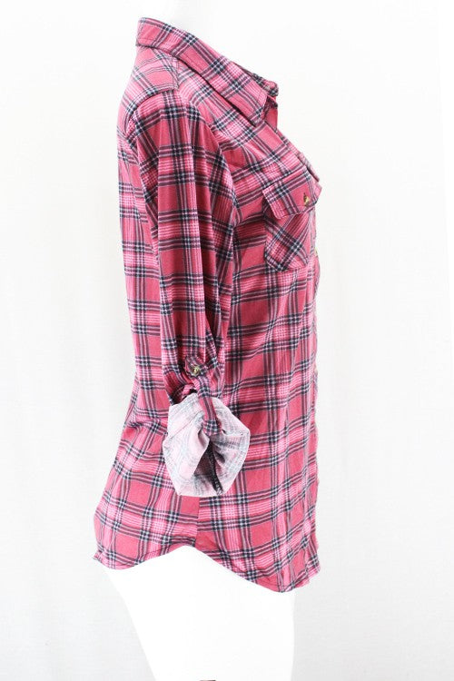 Yenisa Rolled Sleeve Flannel Plaid Shirt | Mauve Black profile