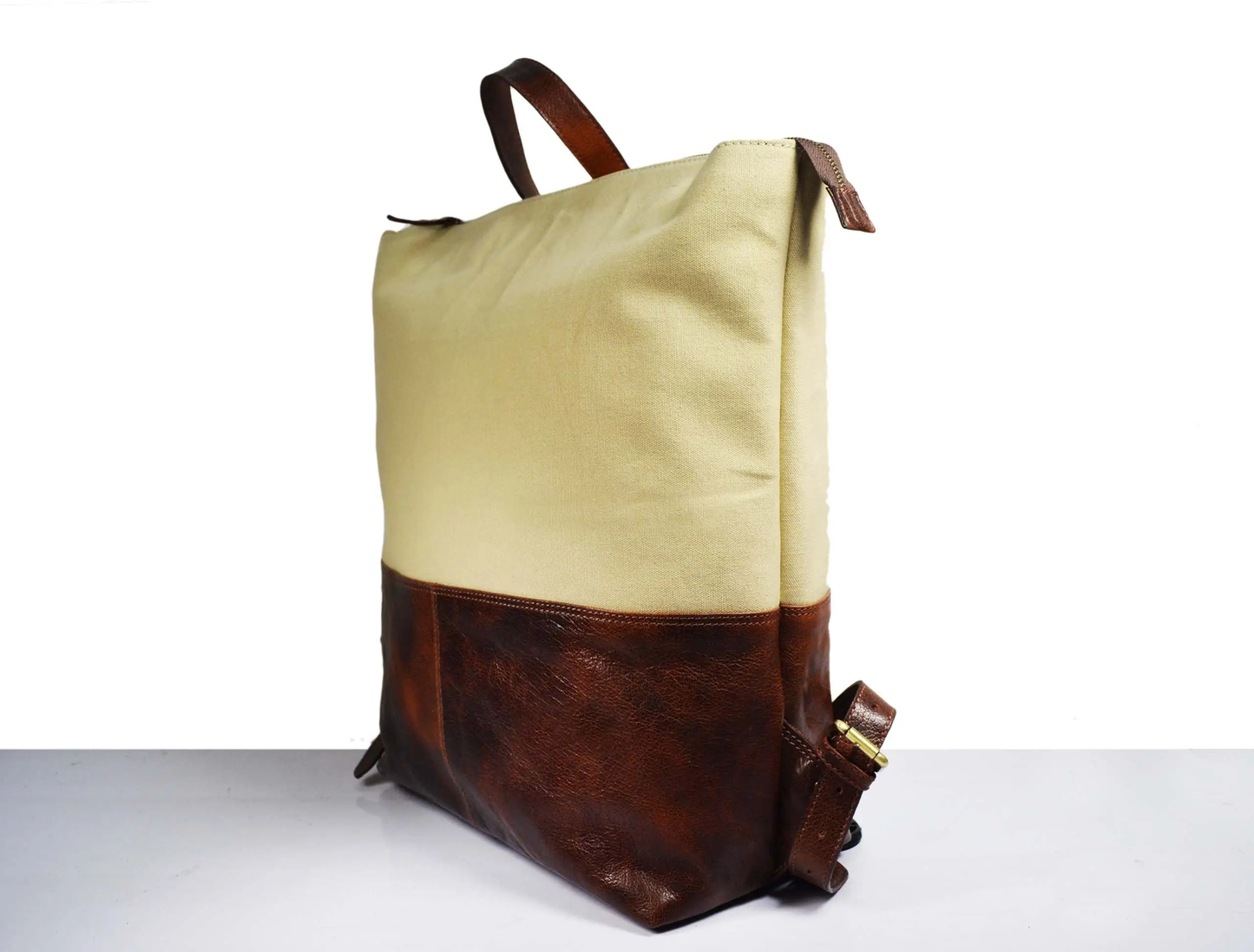 Leather Canvas BackPack - Rucksack Macaroon side